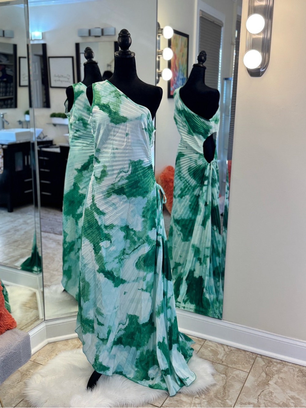 One-Shoulder Green Marble Print Maxi Dress